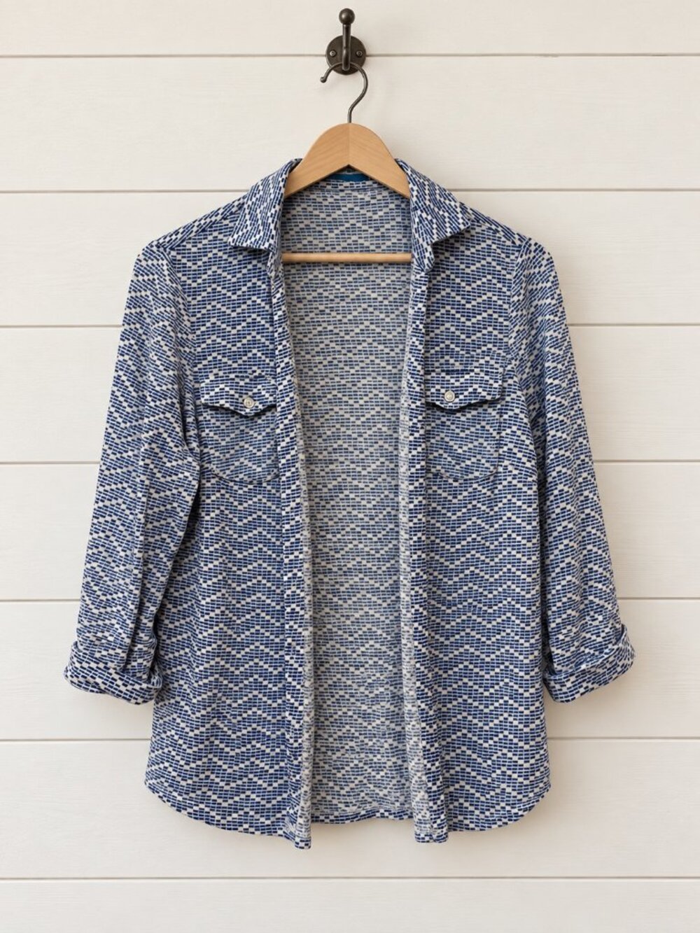 J. McLaughlin Women's Blue White Geometric Knit Open Front Shirt Jacket XS